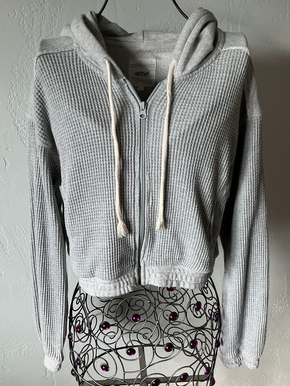 aerie Light Gray Waffle Zip Hoodie with Cream Drawstrings
